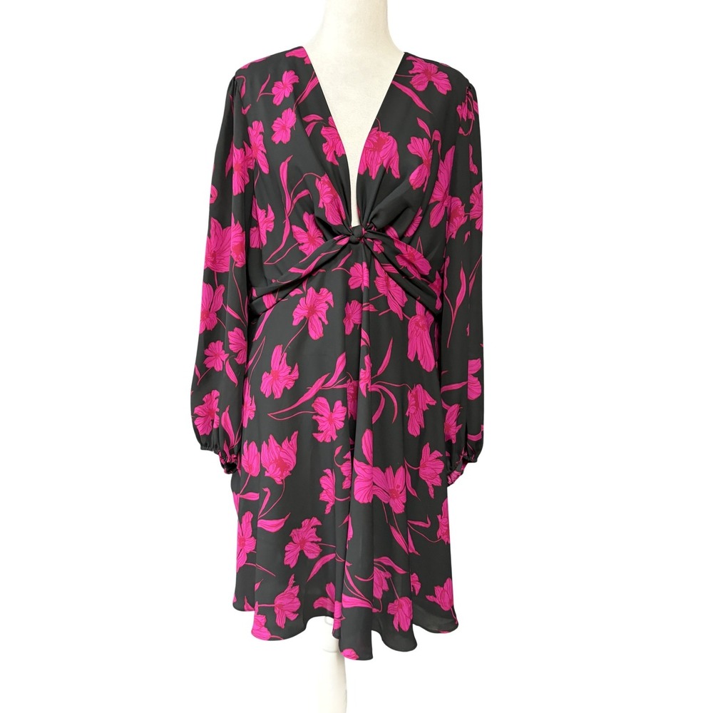Banana Republic Dress Womens 18 Black Floral Twist Front Long Sleeve Hi-Low